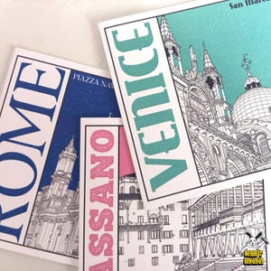 May include: A collection of travel-themed postcards featuring architectural illustrations. The postcards display the names of cities in bold, colorful text, including "Rome," "Venice," and "Bassano." Each card showcases a different landmark.