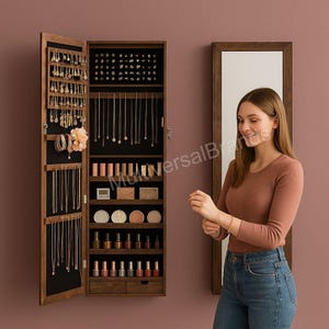Wall Mounted Wooden Jewelry Cabinet With Mirror | Jewelry Organizer | Jewelry Holder | Jewelry Hanger | Jewelry Armoire | Jewelry Display