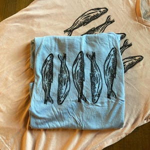 Fish Sweatshirt | Sardine Linocut Printed Clothing | Thrifted Clothes | Upcycled Custom Tshirt | Hand Printed Tank Top