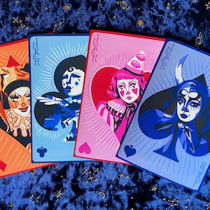 Impresiones de payaso / Naipes Joker / Tarjetas Heart Diamond 5"x7" / Spade Club Drag Clown Pegatinas Juego de 4