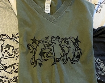 Sweater met ratten | Kleding bedrukte linosnede | Tweedehands kleding | Geüpcycled custom-T-shirt | Handbedrukte tanktop