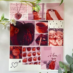 May include: A collage of images with a romantic theme. The images include a heart-shaped locket, a pair of lips, a cup of coffee, a couple of angels, a box of chocolates, and the words "I love you".