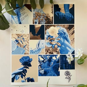 Puede incluir: Un collage de imágenes azules y beige que presenta una rosa azul, un edificio azul, un árbol azul, una mano azul y una estatua azul. El collage está sobre un fondo blanco.