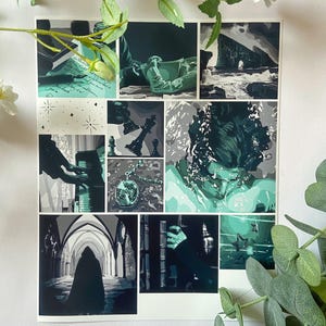 以下が含まれることがあります： 緑と黒の色合いの9つの画像のコラージュ。画像には、本を読んでいる人、チェス盤、水中の人の姿、フード付きのローブを着た人、本を持っている人など、さまざまなシーンが描かれています。画像はグリッドパターンで配置されています。