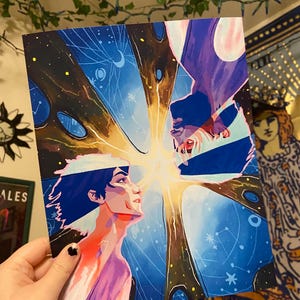 May include: A digital painting of two people facing each other. The background is a blue and purple galaxy with stars and constellations. The people are surrounded by a large, golden tree with branches that reach out to them. The painting is done in a vibrant and colorful style.