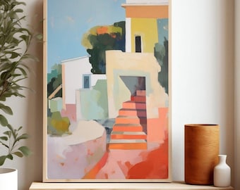 Abstract Spanish Print, Colorful Houses Spain, Spain Travel Poster, Mediterranean Wall Art,Giclee Print