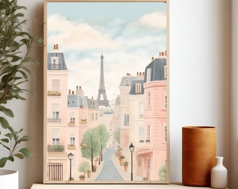 Lámina artística de París, ilustración de París, póster de la ciudad de París, impresión artística, arte mural rosa de París, póster de viaje a París