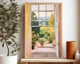 Könnte beinhalten: Ein Gemälde, das ein Fenster mit Blick auf ein grünes Feld und Bäume zeigt. Das Fenster ist geöffnet und auf der Fensterbank stehen zwei Topfpflanzen. Das Gemälde ist in einem hellen Holzrahmen gefasst und hängt an einer weißen Wand.
