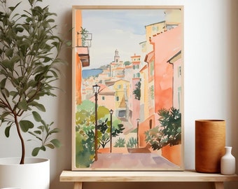 Nice, France Print, French Riviera Painting, Mediterranean Street Print, Colorful Watercolor, France Travel Poster, Giclee Print