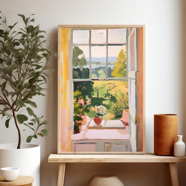 View Through Window Print, Landscape View, Watercolor Painting, Open Window Print, Giclee Print