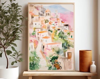 Positano Print, Amalfi coast Painting, Mediterranean Street Print, Colorful Watercolor, Italy Travel Poster, Giclee Print