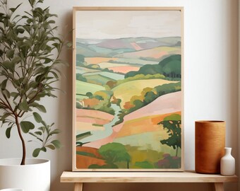 Può includere: Un dipinto astratto di paesaggio incorniciato con un fiume che serpeggia attraverso colline ondulate. Il dipinto è in tonalità di verde, giallo e rosa, ed è posto contro un muro bianco.