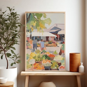 Farmers Market Art Print, Market Wall Art, Kitchen Prints, Vibrant Food Market Painting,  Fine Art Print