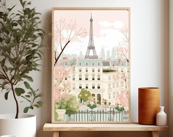 Lámina artística de París, ilustración de París, póster de la ciudad de París, impresión artística, arte mural rosa de París, póster de viaje a París