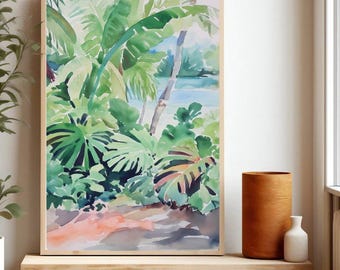 Tropical Beach Print, Botanical Painting, Beach art Print,  Watercolor Painting, Beach House Decor, Ocean Wall Art, Giclee Print