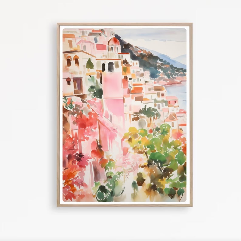 May include: Watercolor painting of a colorful Italian village with pink buildings, green trees, and a blue sea in the background.