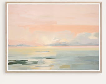 Pintura abstracta costera, paisaje oceánico al atardecer, impresión marina, impresión marina minimalista, impresión giclée