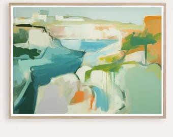 Könnte beinhalten: Abstrakte Malerei einer Landschaft mit einem blauen Gewässer, grünen Bäumen und orangefarbenen und weißen Klippen. Das Gemälde ist in einem lockeren, gestischen Stil gehalten.