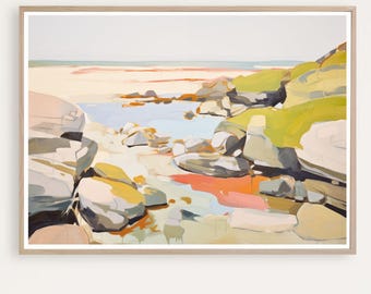 Stampa astratta di spiaggia, costa rocciosa, stampa costiera moderna, paesaggio oceanico, pittura ad acquerello, arte murale moderna, stampa giclée