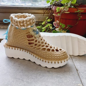Gehaakte schoenen, gebreide enkellaarzen, laarzen met zolen, schoenen voor dames, schoenen voor de zomer