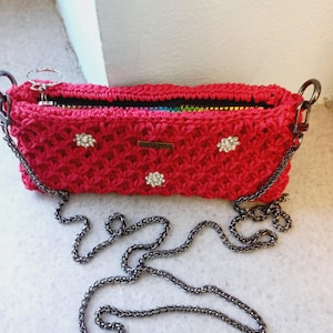 Crochet Phone Shoulder Bag: Cyclamen Red, Zippered Pouch