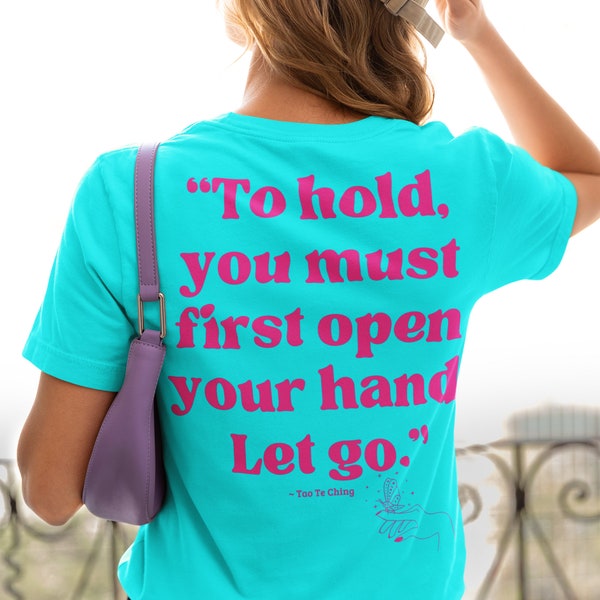 Let Go Butterfly T-Shirt Inspirational Quote Shirt, Hand Holding Butterfly Tee, Motivational Top, Navy Blue & Light Blue
