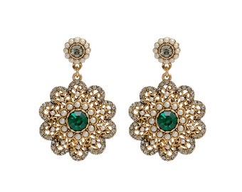 Handmade custom earrings green baroque earrings women flowers French retro autumn and winter gold earrings