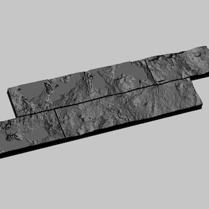May include: A textured, gray stone tile wall panel with a rough, uneven surface. The panel is made up of four individual tiles, each with a distinct pattern and texture. The tiles are arranged in a rectangular shape, with the seams between them visible. The panel is angled slightly, giving it a three-dimensional appearance.