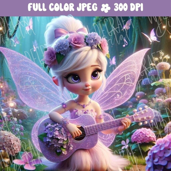 Musical Fairy Playing Guitar Enchanting Image for Wall Art Full Color Fantasy Wall Decor for Children's Bedroom T-shirt Gift for Daughter