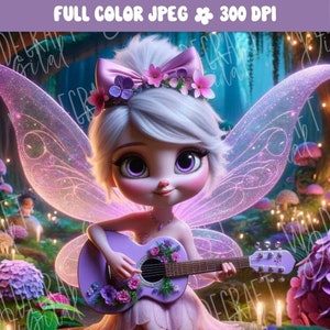 Betoverde paarse fee afbeelding mystieke fee gitaar spelen magische bloem Fairy uitnodiging voor feest grillige muur decor voor kinderen slaapkamer