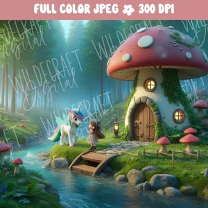 Fée et licorne JPEG pour t-shirt Image de maison féerique champignon vénéneux pour faire-part d'anniversaire Design fantastique pour cotillons cadeau pour elle