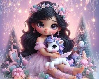 Cute Dark Haired Girl with Unicorn Full Color JPEG Clipart Fantasy Design Graphic for Party Invitation Image for Crafting T-Shirt Kid Cup