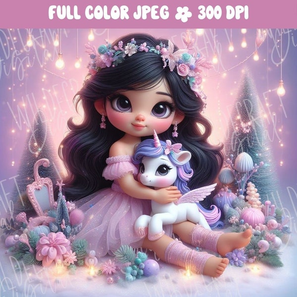 Cute Dark Haired Girl with Unicorn Full Color JPEG Clipart Fantasy Design Graphic for Party Invitation Image for Crafting T-Shirt Kid Cup