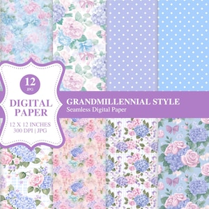 Grandmillennial Digital Paper Pack, Pastellblumen- und Polka-Dot-Muster, 12 nahtlose JPEGs für Junk Journals, Scrapbooking, POD-Verwendung