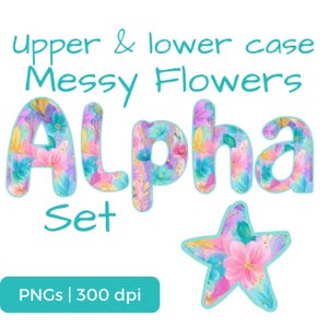 Floral Alphabet PNG Bundle, Messy Flower Letters Bundle, Upper and Lowercase Letters, Numbers Symbols, 9 Design Elements, POD Use Allowed