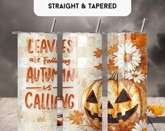 May include: A set of three 20 oz tumbler wraps with fall-themed designs. One features text that reads "Leaves are Falling, Autumn is Calling." The other two have pumpkin and daisy graphics with fall leaves.