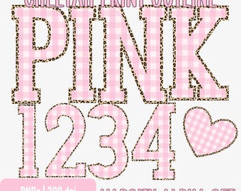 May include: Pink varsity-style letters and numbers with a cheetah print outline and a gingham pattern fill. The image includes the words "CHEETAH PRINT OUTLINE", "PINK", "1234", and "VARSITY ALPHA SET". A pink heart is also included.