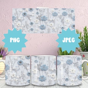15 oz Sublimation Mug Wrap with Petite Blue Flowers Elegant 3D Floral Design PNG Custom Coffee Mug Blue Flower Mug Wrap Personalized Gifts