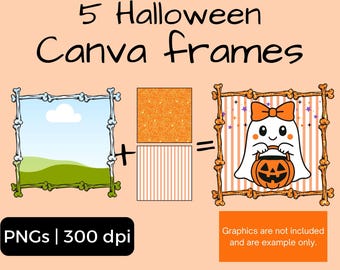 May include: An illustration showing 5 Halloween Canva frames. The frames are made of bone shapes. The image includes a ghost holding a jack-o'-lantern, a landscape, and a glittery orange square. Text includes "PNGs | 300 dpi".