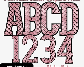 May include: Pink faux glitter leopard print alphabet letters and numbers. The letters A, B, C, and D, and the numbers 1, 2, 3, and 4 are displayed. The text "PNGs | 300 dpi" is in a black rectangle, and "Alpha Set" is below the numbers.