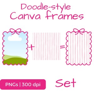 Könnte beinhalten: Ein Set von rosa Canva-Rahmen im Doodle-Stil, mit einer Wolken- und Landschaftsillustration. Das Bild enthält den Text "Doodle-style Canva frames" und "Set". Ein rosa Rechteck unten zeigt "PNGs | 300 dpi".