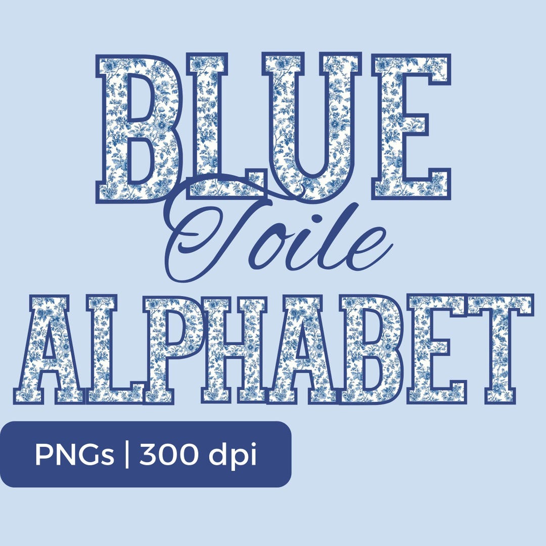 Blue Toile Varsity Style PNG Letter Set, Clipart Alphabet Numbers and ...