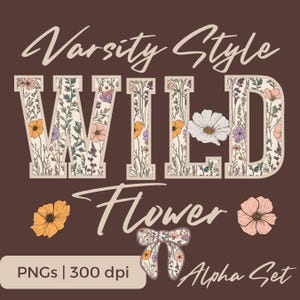 Alfabeto de flores silvestres estilo universitario PNG, elegantes letras, números y símbolos florales para jardín, para usar en casa o en la nube, incluye clipart de flores adicional.