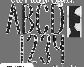 May include: A digital art set featuring the letters A, B, C, D and numbers 1, 2, 3, 4 in a black oil paint effect with white polka dots. The words "Oil Paint Effect", "PNGs | 300 dpi", and "Alpha Set" are also displayed.