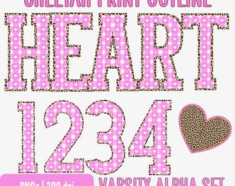 May include: Pink and white gingham heart-shaped letters and numbers with cheetah print outlines. The image includes the words "CHEETAH PRINT OUTLINE", "HEART", "1234", and "VARSITY ALPHA SET". A cheetah print heart is also included.