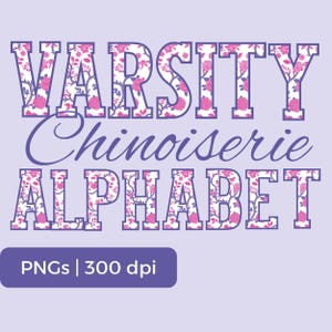 Roze en paarse chinoiserie-stijl png-stijl png-letters, alfabetnummer en leestekens met bloemen, varsity-alfabet DIY POD Gebruik toegestaan