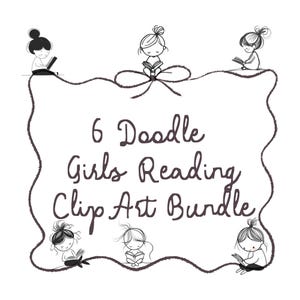 Doodle lesendes Mädchen PNG Bundle, skizzierter Stil Clipart Set von 6, Buchliebhaber und Lehrer Grafiken für DIY Handwerk und Print on Demand-Verwendung