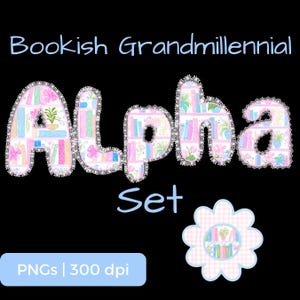 Bookish Coquette Alphabet PNG Bundle, Pastel Bookshelf Letters with Lace Border, Uppercase and Lowercase, Numbers, Symbols, POD Use Allowed