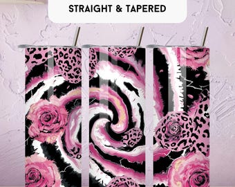 May include: Three 20 oz tumbler wraps with a pink, black, and white design. The design includes pink roses, leopard print accents, and a swirling pattern. Each tumbler has a silver lid and straw. Text on top reads: 20 OZ TUMBLER WRAP STRAIGHT & TAPERED.