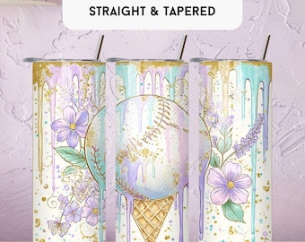 May include: A 20 oz tumbler wrap with a baseball design. The design features a baseball on an ice cream cone, with floral and drip accents in pastel colors. The text "20 OZ TUMBLER WRAP STRAIGHT & TAPERED" is at the top.